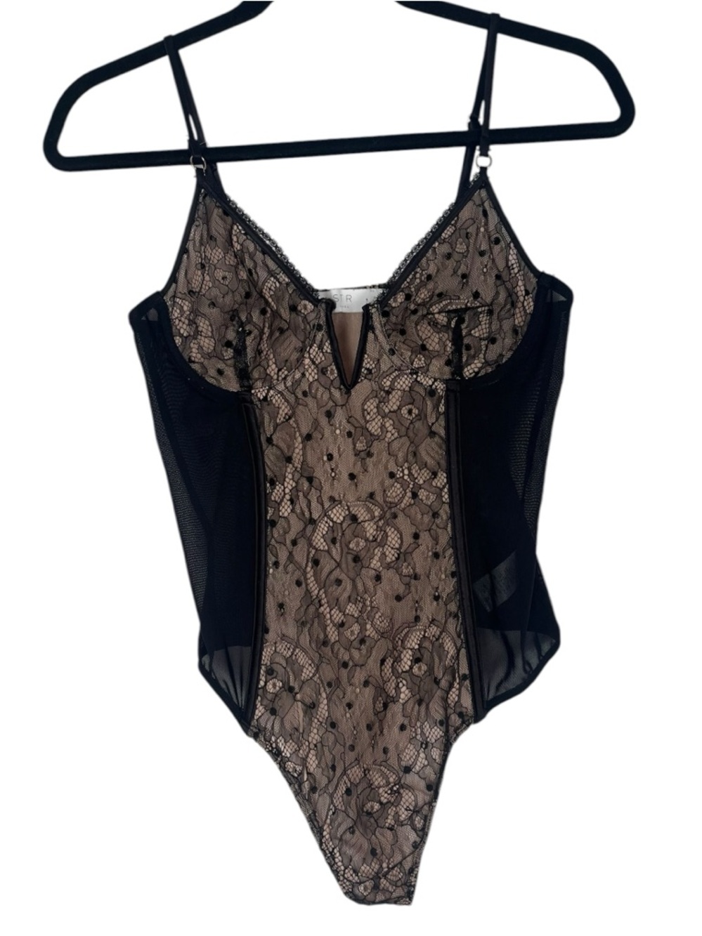 ASTR The Label Black & Nude Lace Corset Bodysuit Medium Semi Sheer Whimsigoth